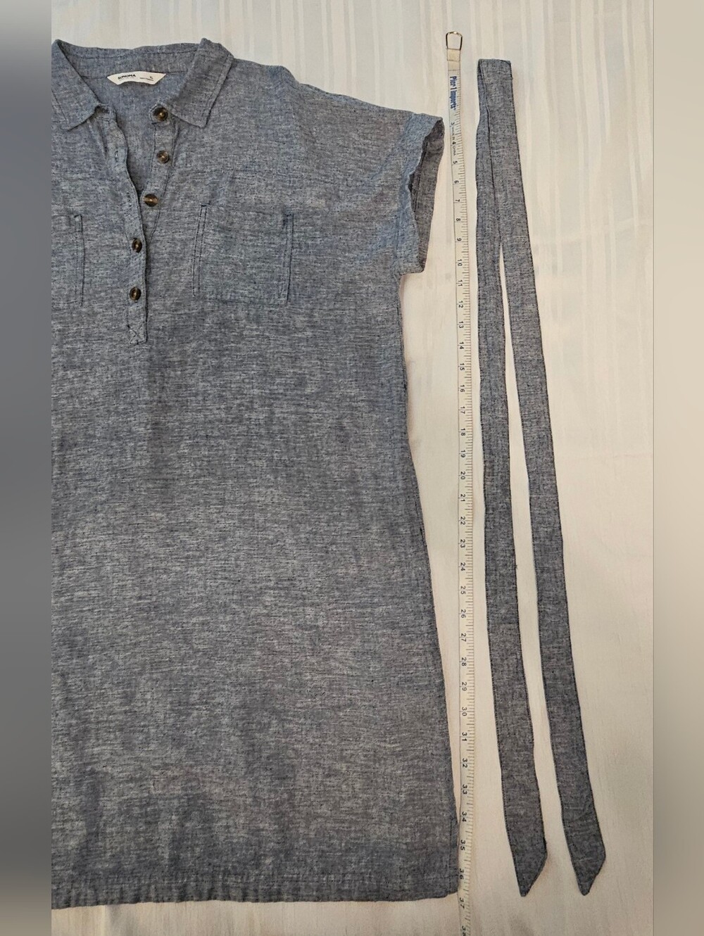 Sonoma Shirt Dress - Blue Linen Rayon Button Pocket Tie Short Sleeve - Size XL - Picture 5 of 10